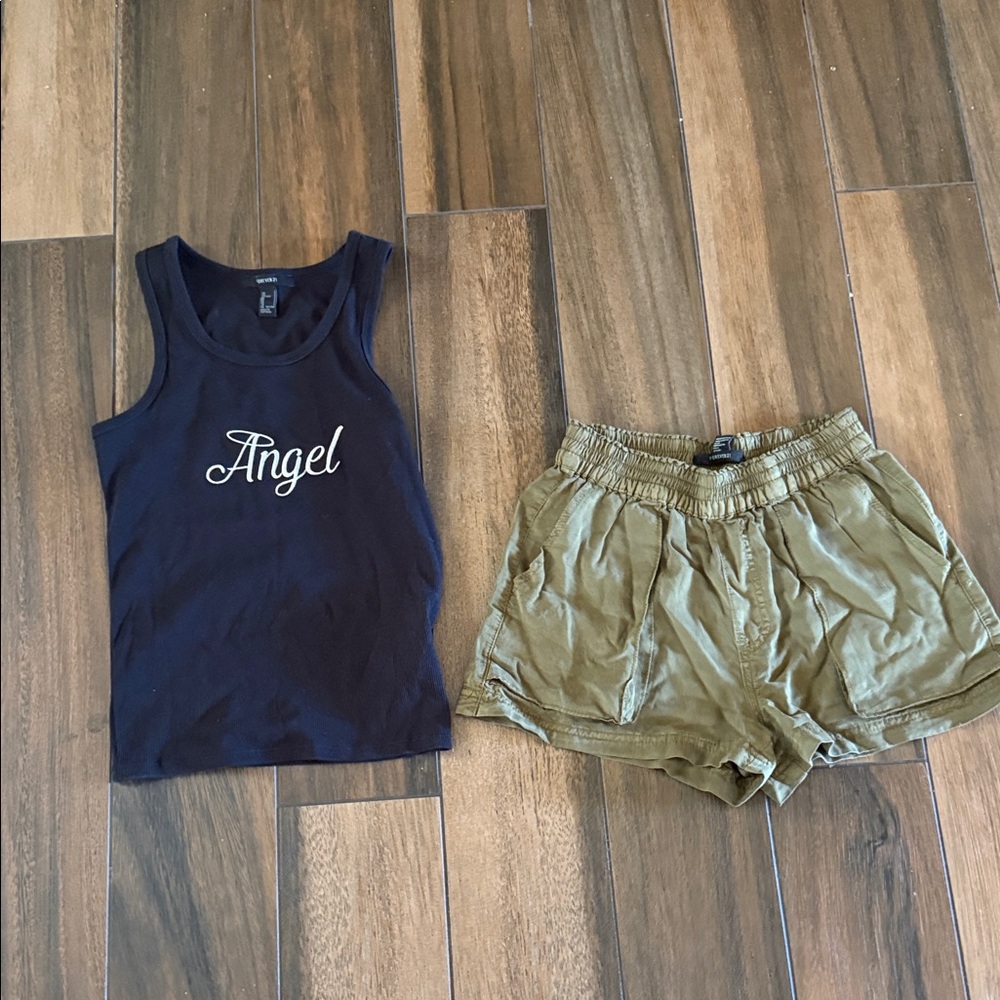 Women’s Forever 21 Bundle Black Angel Tank and Olive Drawstring Casual Shorts